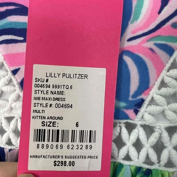 Lilly Pulitzer 6 Ivie Maxi Dress Kitten Around Fit & Flare Flutter Sleeve Lace - Picture 9 of 12